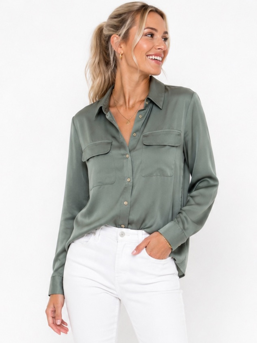 Marciano by GUESS Satin Button Down Blouse Sage Green Gold Buttons XS